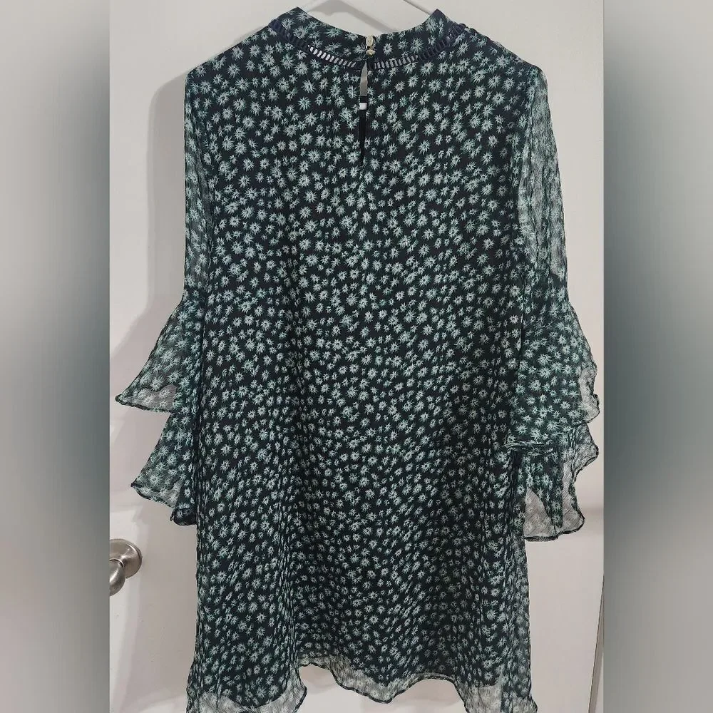 Floral Ruffle-Sleeve Shift Dress - Teal/Black - Picture 10 of 12